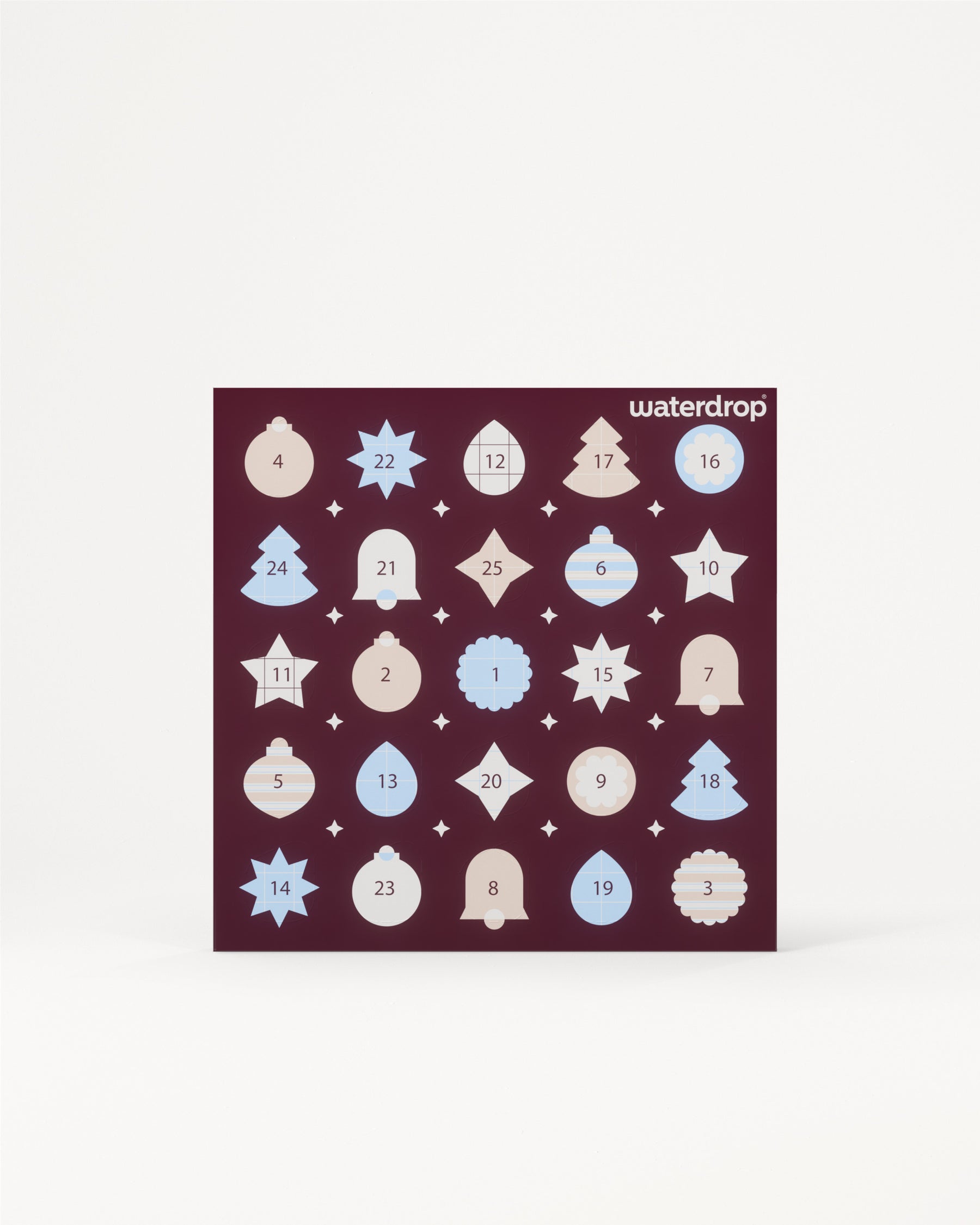 Advent calendar featuring 24 numbered door panels in a dark purple square on a light background.
