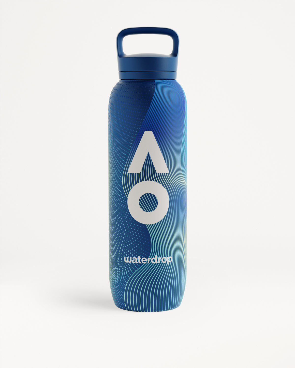 Blue sport water bottle with a handle and white logo on a patterned body.